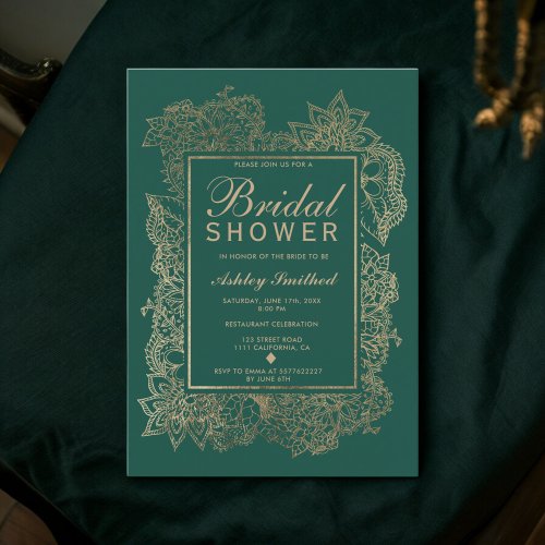 Floral gold emerald green modern bridal shower invitation