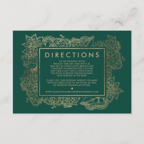 Floral gold emerald green modern wedding direction enclosure card - Floral gold emerald green wedding details directions with gold frame and hand drawn elegant floral pattern on emerald green. Perfect for elegant, chic wedding.