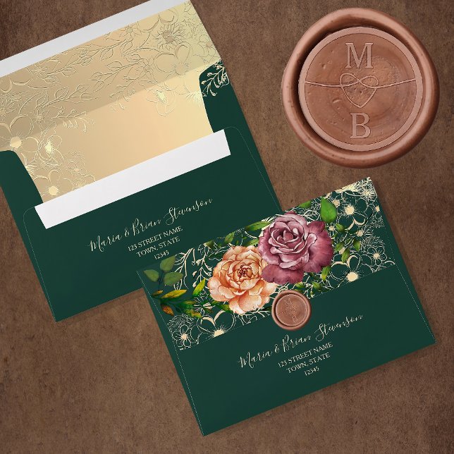 Floral Gold Emerald Green Wedding Envelope (Creator Uploaded)