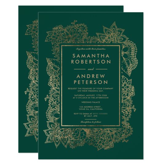 Floral gold emerald green wedding invitation | Zazzle.com
