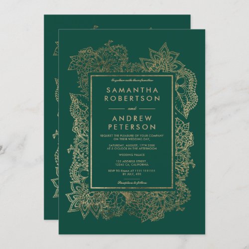 Floral gold emerald green wedding invitation - A modern hand drawn elegant floral faux gold illustration with frame wedding invitation on emerald green. Perfect for elegant, chic wedding.