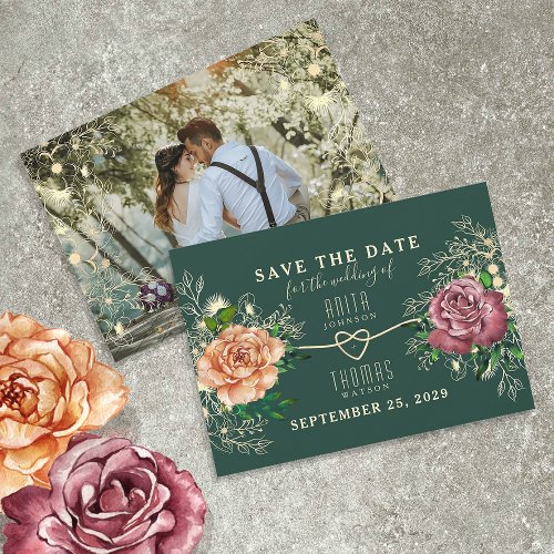 Floral Gold Emerald Green Wedding Save The Date