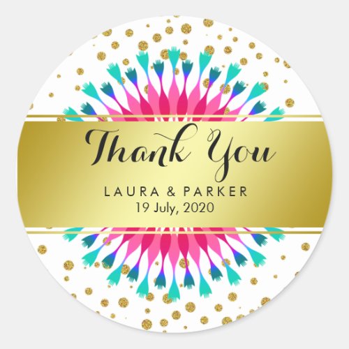 Floral Gold Faux Foil Glitter Thank You Wedding Classic Round Sticker