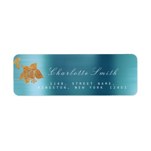 Floral Gold Foil Aqua Metallic Blue Water RSVP Label (Front)