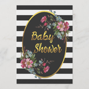 Floral Gold Foil Baby Shower Black White Stripes Invitation