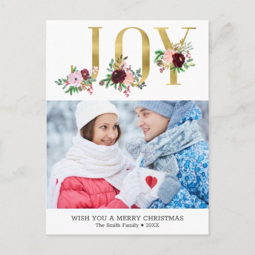 Floral Gold Foil Joy Custom Photo Christmas Postcard