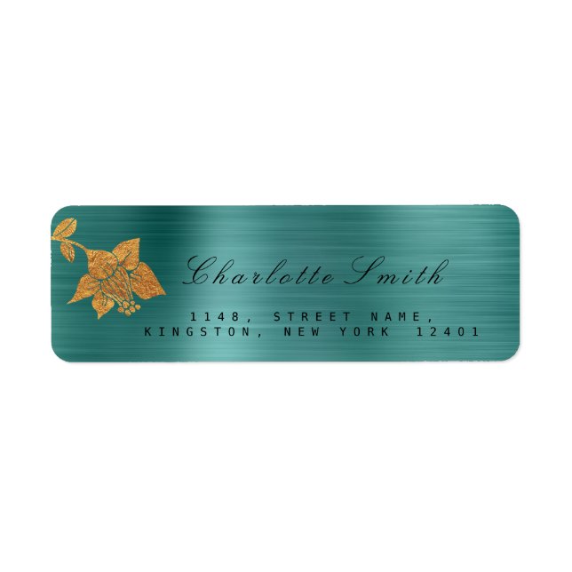 Floral Gold Foil Metallic Teal Tropical RSVP Label (Front)
