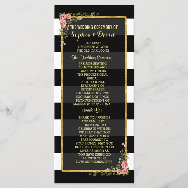 Floral Gold Foil Stripe Wedding Ceremony Program (Front)
