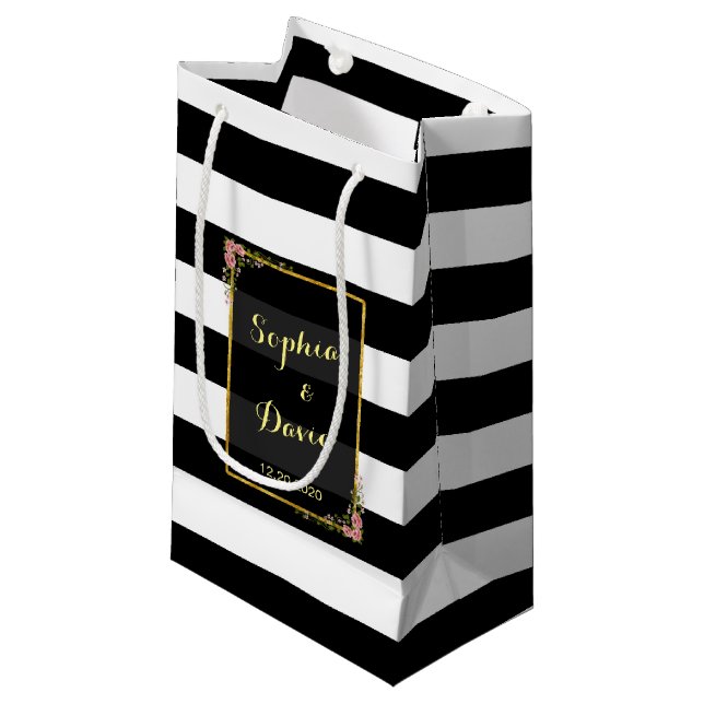 Floral Gold Foil Stripe Wedding Favor Bag (Front Angled)