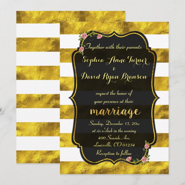 Floral Gold Foil Stripes Black Wedding Invitation (Front/Back)