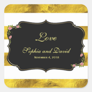 Floral Gold Foil White Stripes Wedding Custom Square Sticker