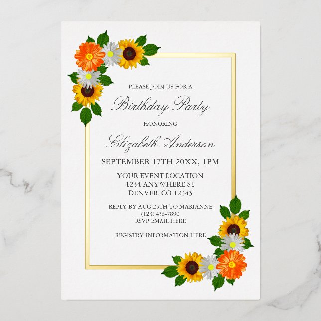 Floral Gold Frame Birthday Foil Invitation (Front)