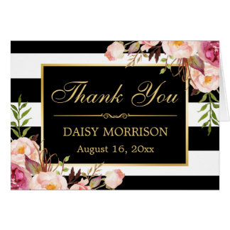 Floral Gold Frame Black White Stripes Thank You Card