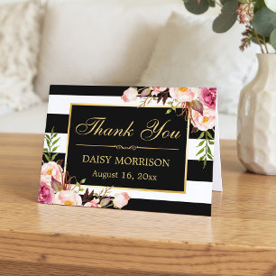 Floral Gold Frame Black White Stripes Thank You Card