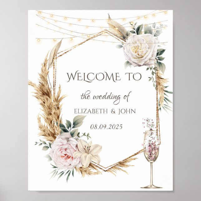 Floral Gold Frame Champagne Glass  Poster (Front)