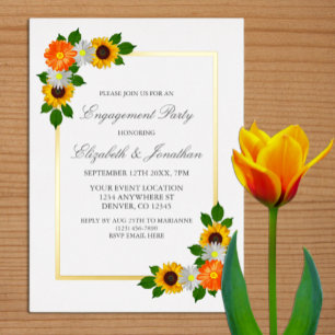 Floral Gold Frame Engagement Party Foil Invitation