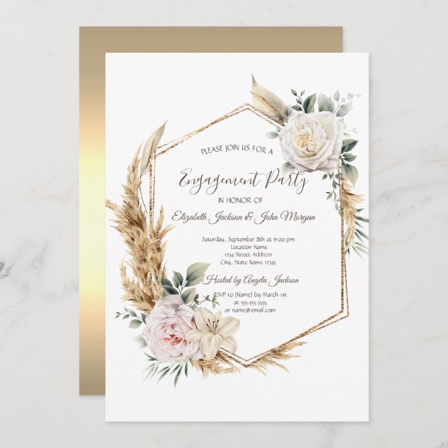 Floral Gold Frame  Invitation (Front/Back)