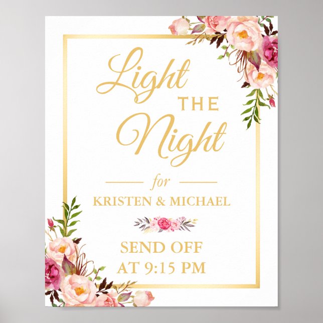 Floral Gold Frame Light the Night Wedding Sign (Front)