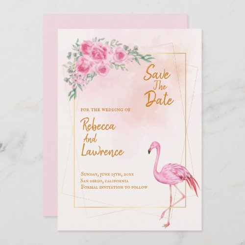 Floral Gold Frame pink Flamingo Wedding Invitation