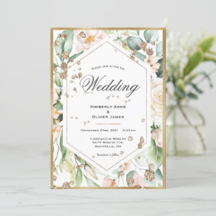 Floral Gold Frame Watercolor Wedding Invitation
