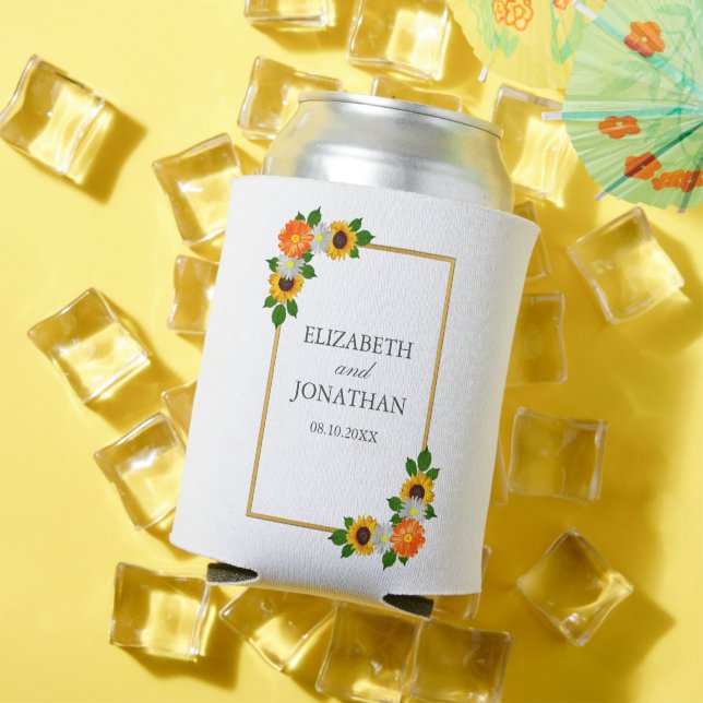 Floral Gold Frame Wedding Can Cooler (In Situ Summer)