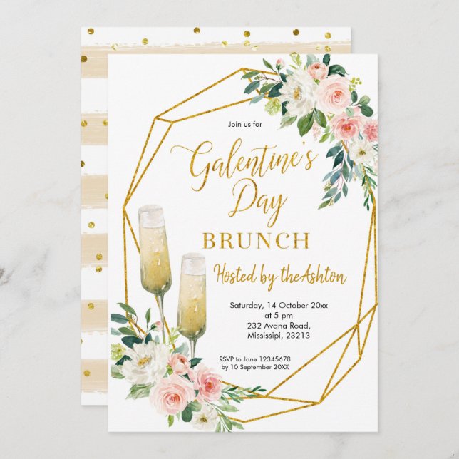 Floral Gold Galentine's Day Brunch invitation (Front/Back)