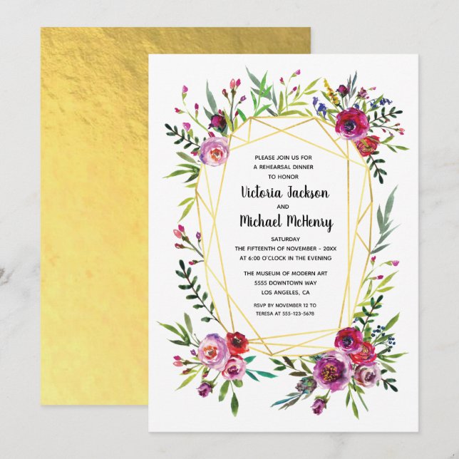 Floral Gold Geometric Crystal Rehearsal Dinner Invitation (Front/Back)