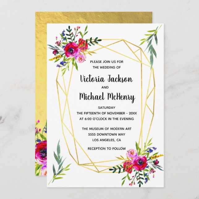Floral Gold Geometric Crystal Wedding Invitation (Front/Back)