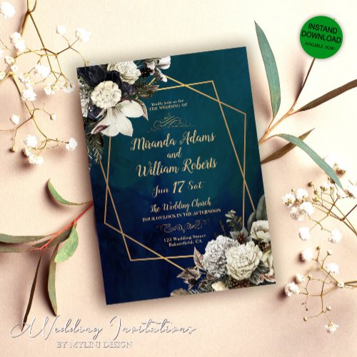Floral Gold Geometric Emerald Green Wedding Invitation