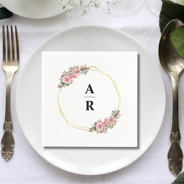 Floral Gold Geometric Frame Wedding Monogram Napkins (Creator Uploaded)