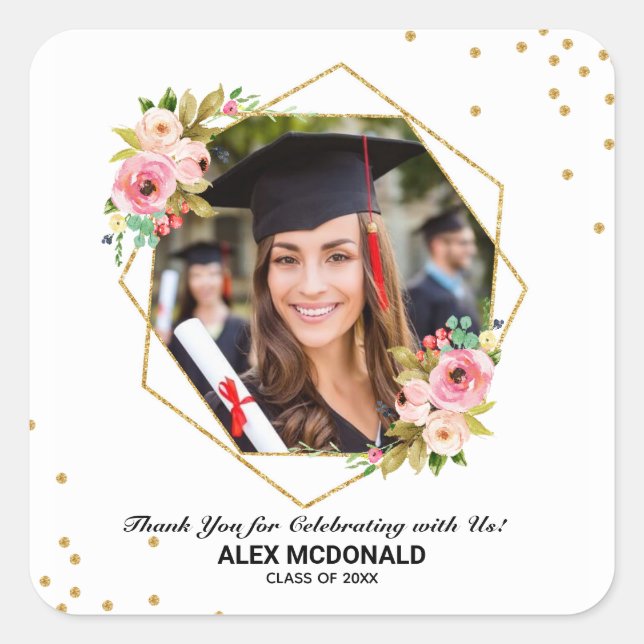 Floral Gold Geometric Graduation Thank You Favor Square Sticker (Front)