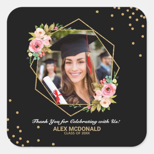 Floral Gold Geometric Graduation Thank You Favor Square Sticker