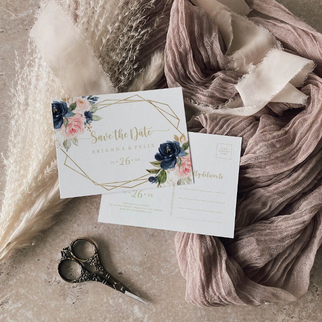 Floral Gold Geometric Horizontal Save the Date  Postcard (Creator Uploaded)