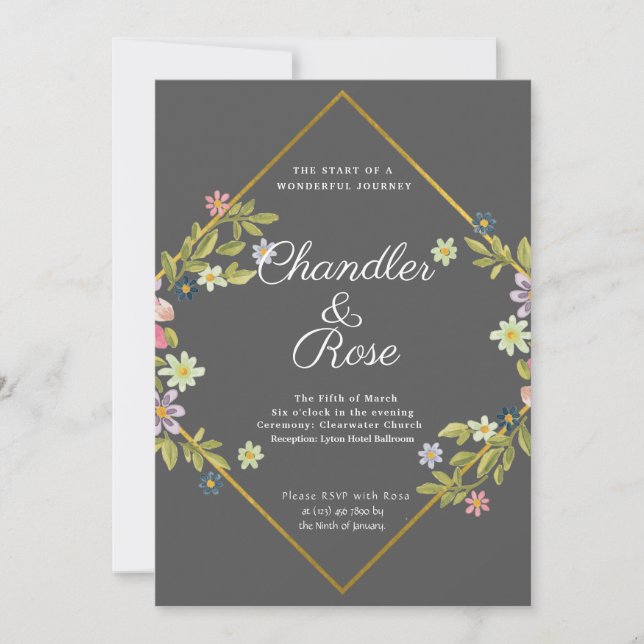 Floral Gold Geometric Minimalist Gray Wedding Invitation (Front)