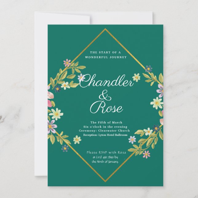 Floral Gold Geometric Minimalist Green Wedding Invitation (Front)