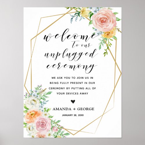 Floral gold geometric unplugged ceremony sign