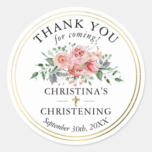 Floral Gold Girl Christening Baptism Thank You Classic Round Sticker