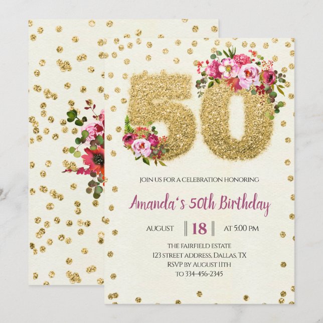 Floral & Gold Glitter 50th Birthday Invitation (Front/Back)