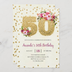 Floral & Gold Glitter 50th Birthday Invitation