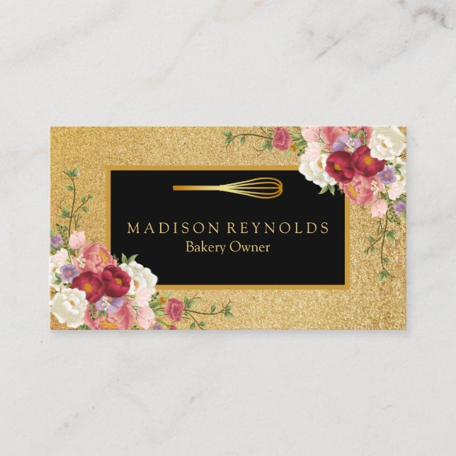 Floral Gold Glitter Bakery Chef Whisk Logo Business Card (Front)