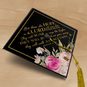 Floral Gold Glitter Bible Verse Christian Graduation Cap Topper