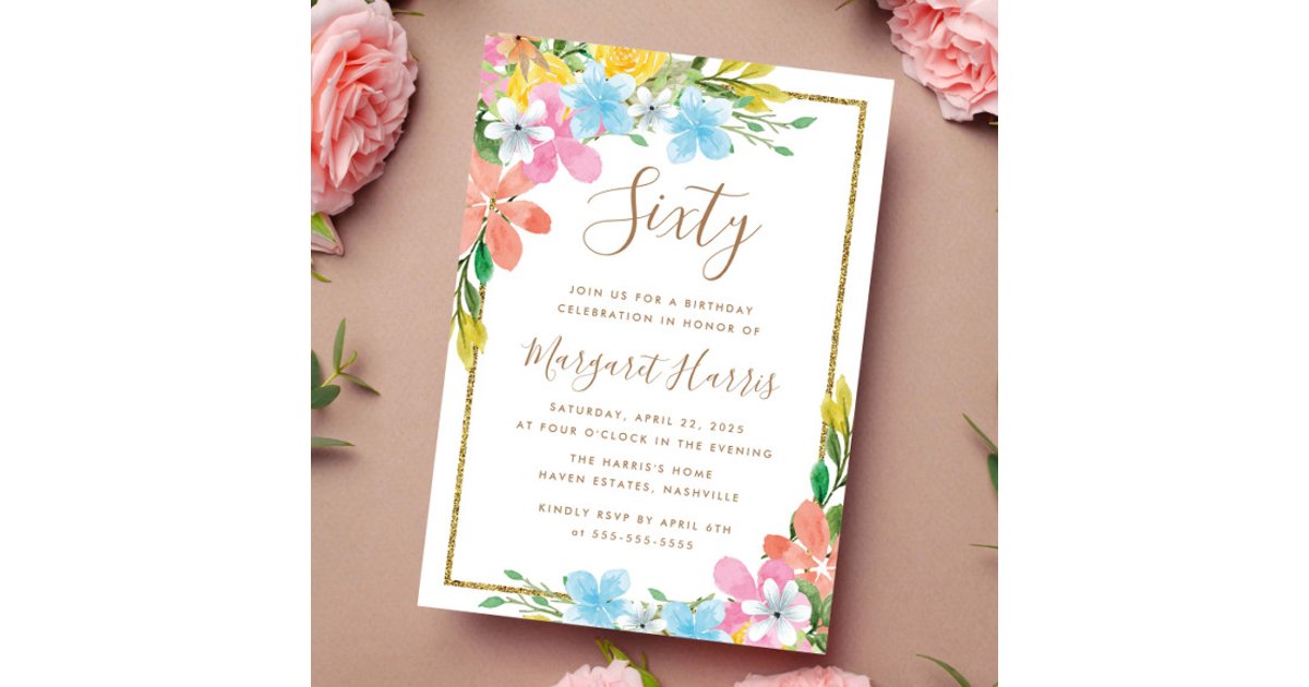 Floral Gold Glitter Border 60th Sixty Birthday Invitation | Zazzle