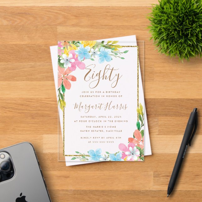 Floral Gold Glitter Border 80th Eighty Birthday Acrylic Invitations (Insitu (Invitation Card))