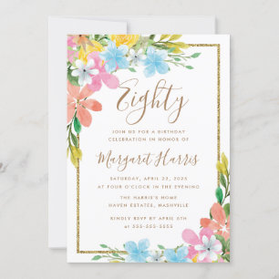 Floral Gold Glitter Border 80th Eighty Birthday Invitation