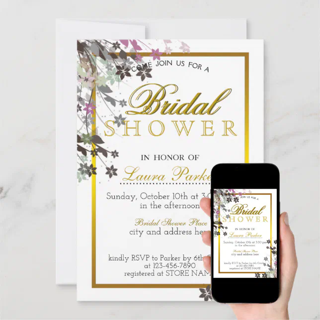 Floral Gold Glitter Bridal Shower Elegant Decorate Invitation Zazzle