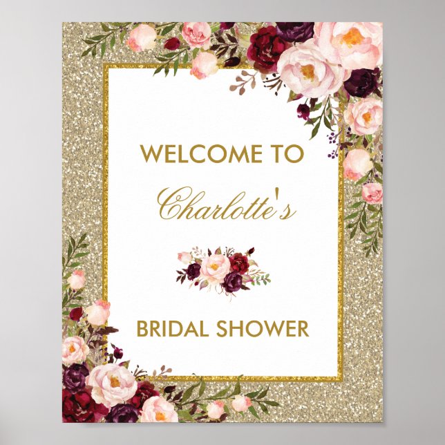 Floral Gold Glitter Bridal Shower Welcome Sign (Front)