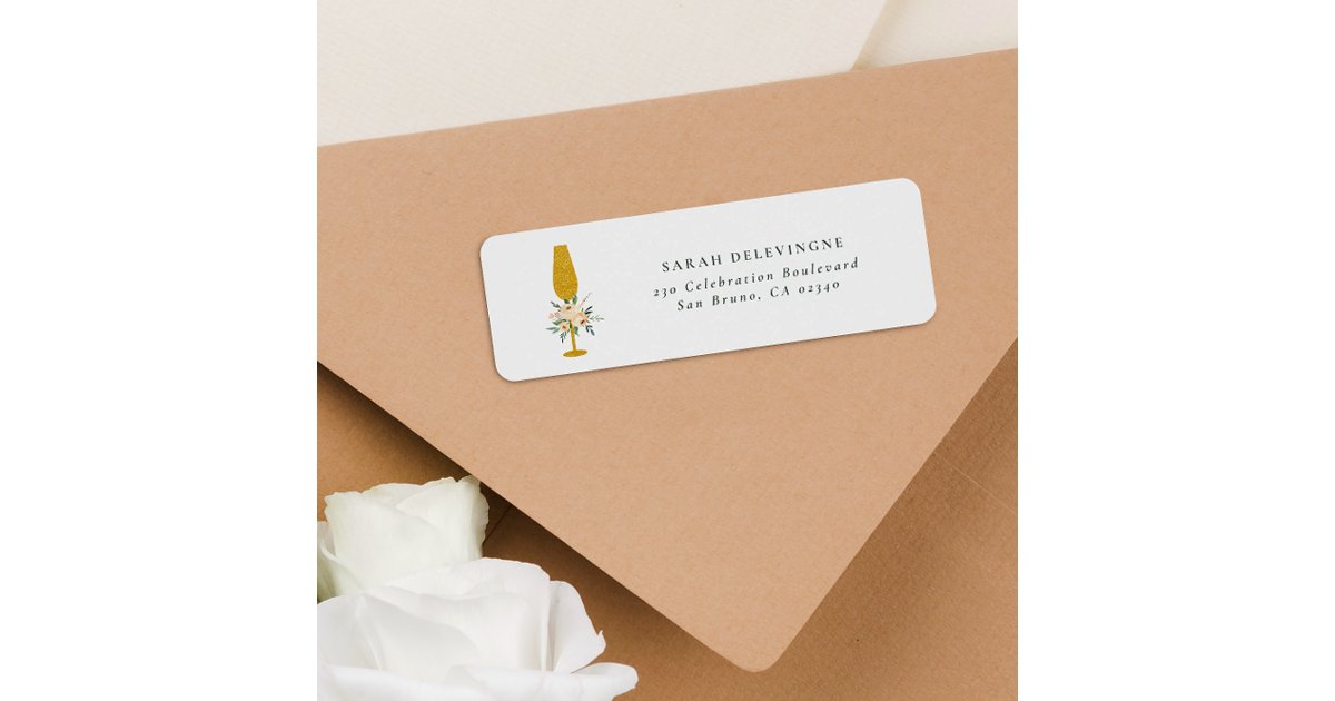 Floral Gold Glitter Champagne Flute Return Address Label | Zazzle