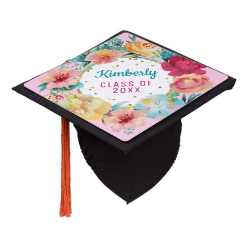 Floral Gold Glitter Class Of Graduation Cap | Zazzle