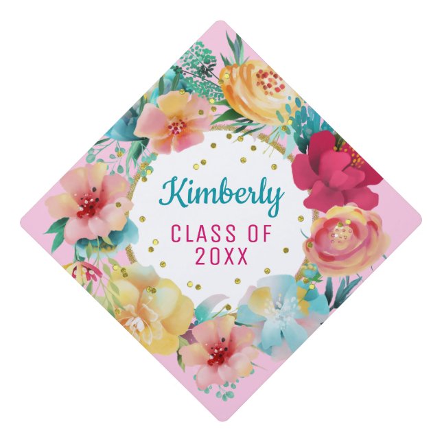 Floral Gold Glitter Class Of Graduation Cap (Front)