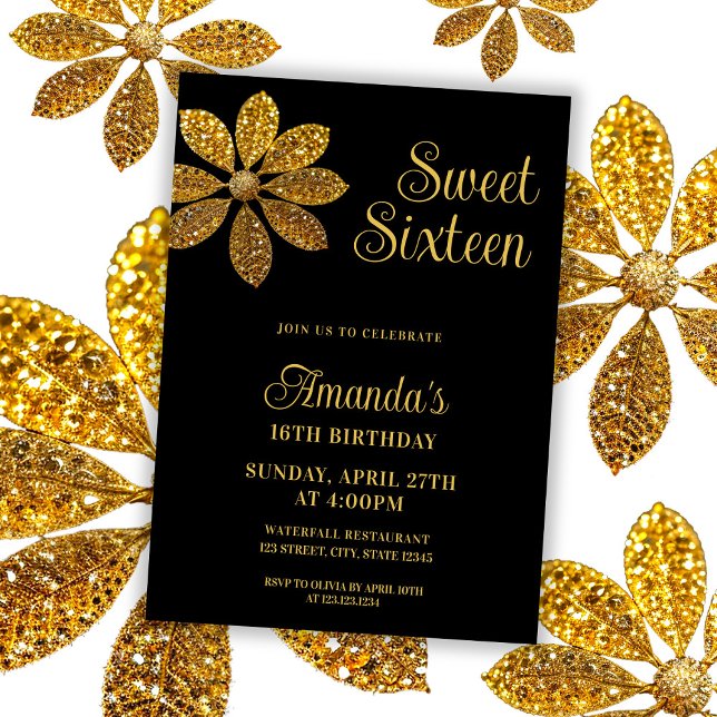 Floral Gold Glitter Flower Sweet 16 Birthday Invitation (Creator Uploaded)